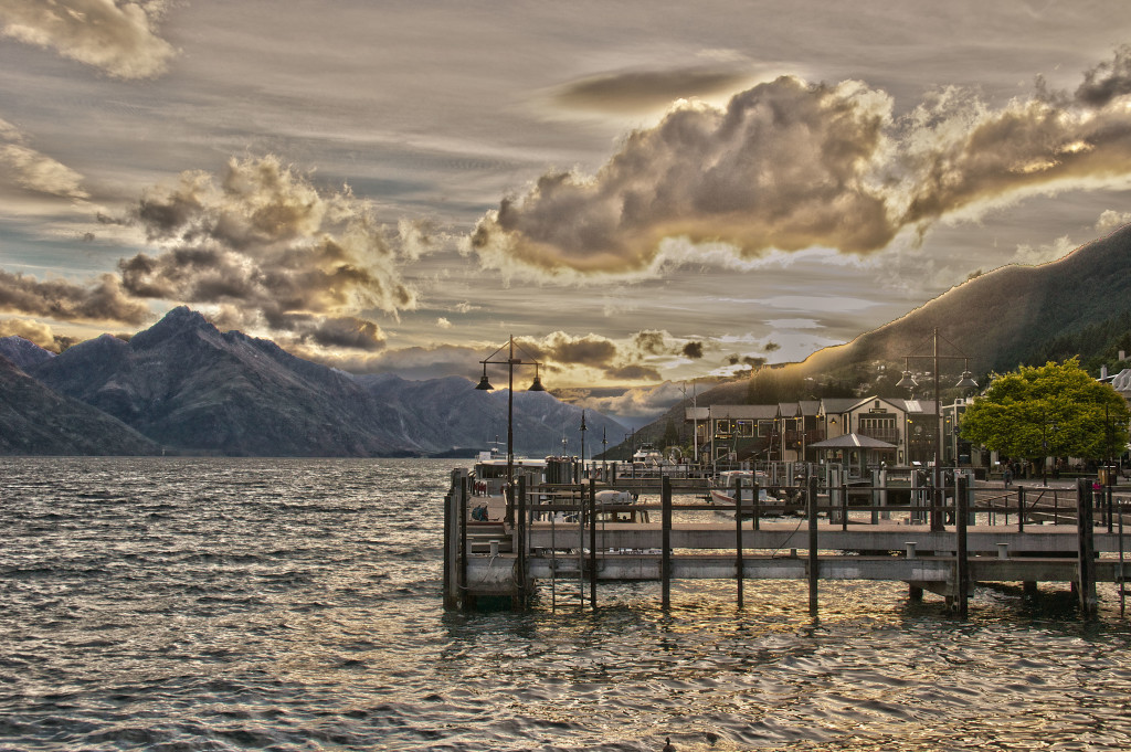 The harbor in downtown Queenstown at sunset